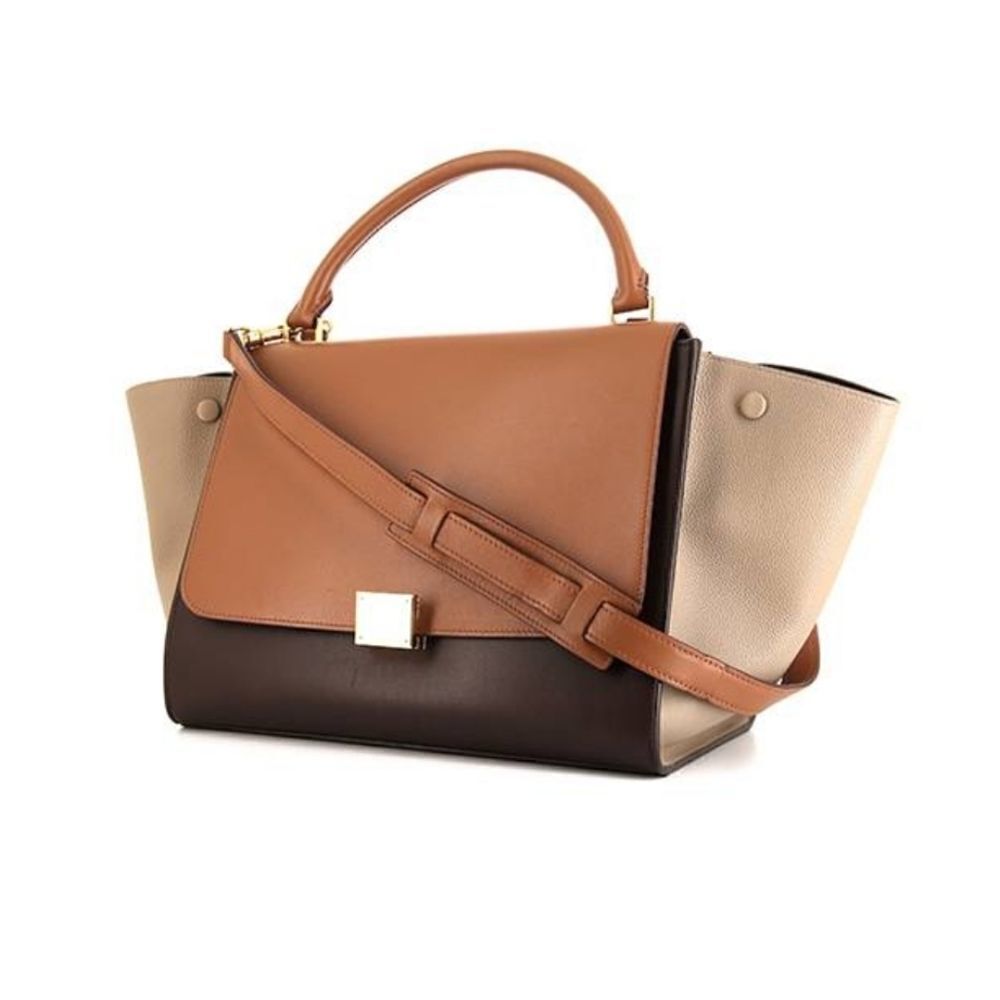 Celene Tricolor Medium Trapeze Luggage Satchel in Cognac Brown Tan - Picture 2 of 14